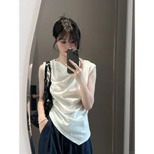 白色不规则t恤女夏季2024新款设计感独特别致修身显瘦无袖上衣服