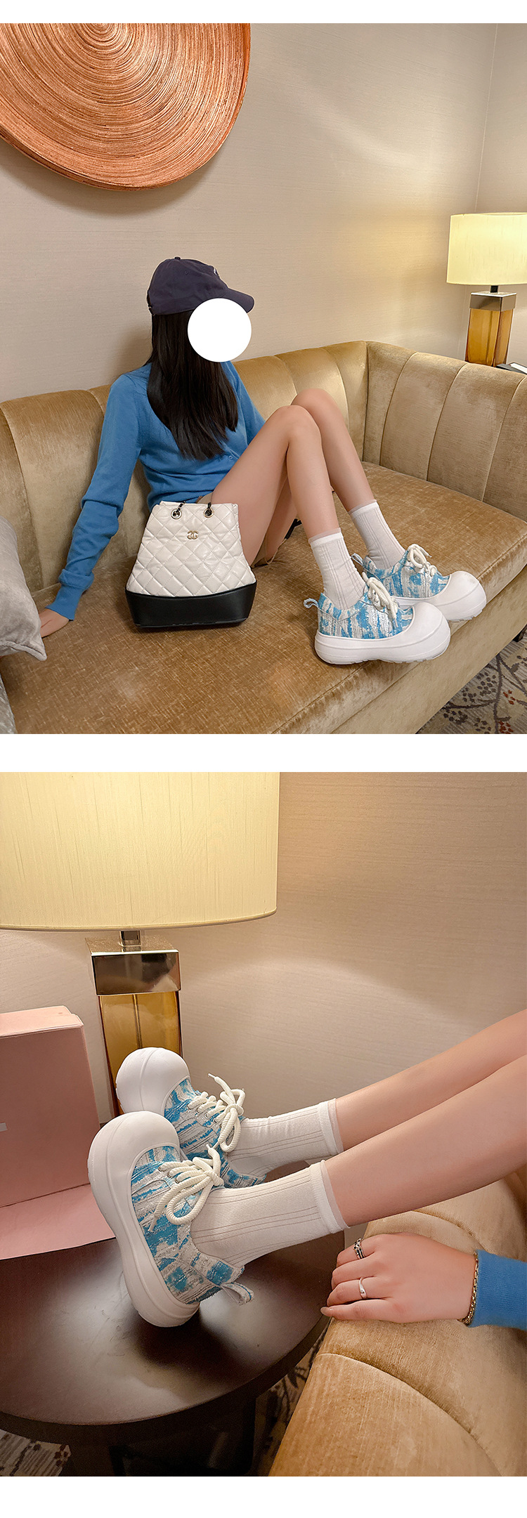 Giày loafer nữ đế xuồng platform 5cm, mũi tròn buộc dây, da thật — xanh lam, màu vàng chi tiết 14