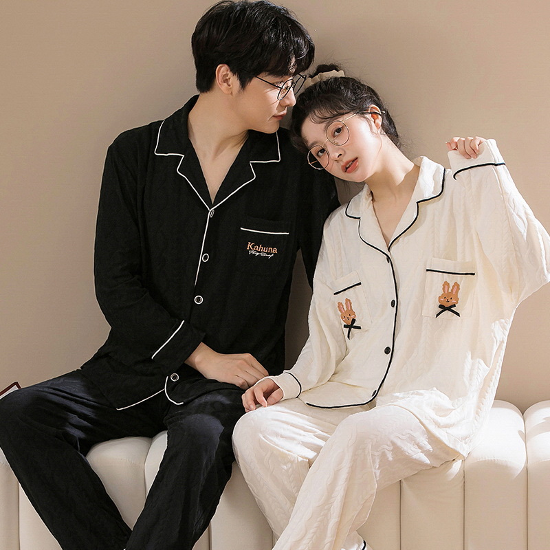 Couple's Pajamas Lapel Cardigan Long-sleeved Trousers Korean Style Cute Men's and Women's Autumn and Winter Outer Wear suit