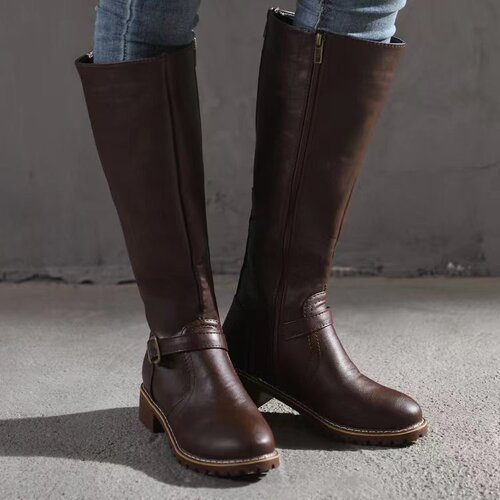 Belt buckle, solid color long boots, high-height autumn and winter women's boots,  Amazon new thick heeled women's knight boots, Europe and America