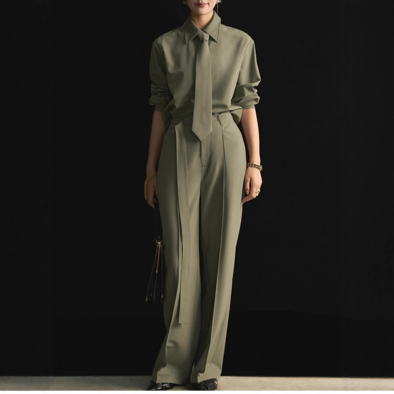 New Style Independent Tie-Neck Long-Sleeve Shirt + High-Waisted Drapey Casual Wide-Leg Trousers Elegant Two-Piece Set New Style Independent Tie-Neck Long-Sleeve Shirt + High-Waisted Drapey Casual Wide-Leg Trousers Elegant Two-Piece Set