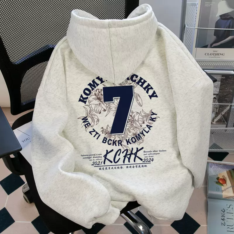 美式复古印花秋冬季新款男休闲加绒加厚连帽卫衣女宽松情侣款上衣