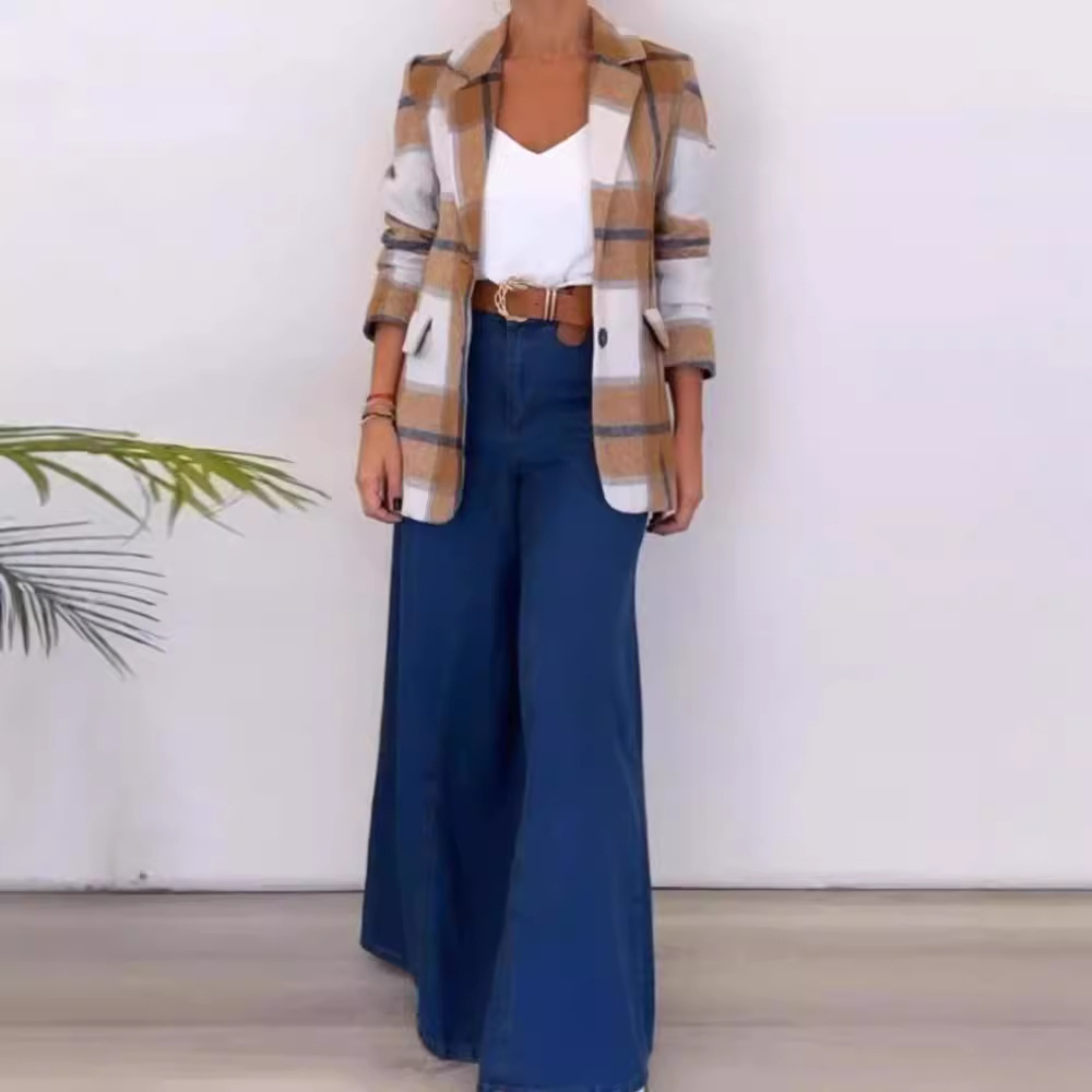 Women's Clothing autumn new simple and fashionable suit collar single breasted plaid woolen coat_voghion.com