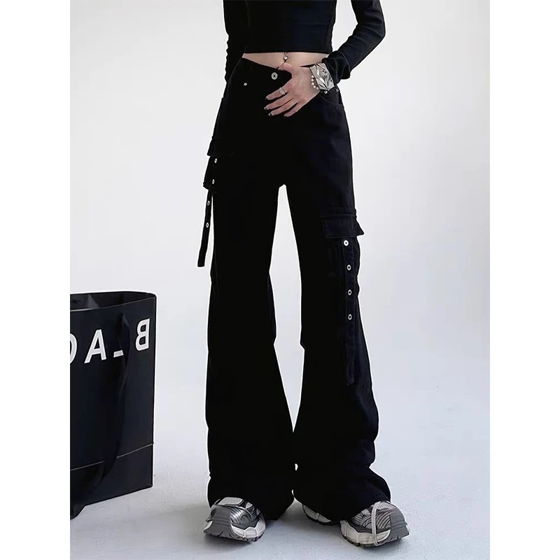 American-Style Black Flared Denim Cargo Pants for Women, 2024 Spring and Autumn High-Waisted Slimming Tall Floor-Length Bell-Bottom Pants