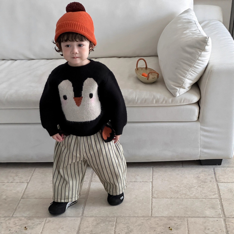 Children's Clothing Autumn and Winter Korean Style Kids' Penguin Sweater 2025 New Boys' Thick Striped Pants Set