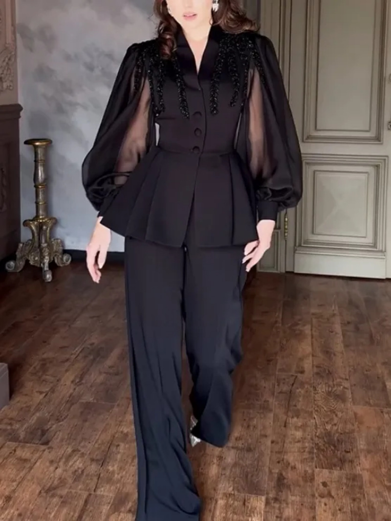 ​​Luxury Rhinestone Jumpsuit – Spring/Summer Elegant One-Piece Pantsuit With Puff Sleeves & High Waist For Women (Black)​​_ecoleips.com