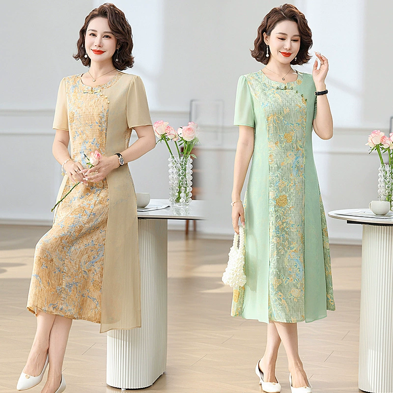 Летняя новая одежда для мам, повседневное женское платье, темпераментная юбка среднего и пожилого возраста с короткими рукавами, модное летнее платье с круглым вырезом