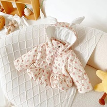 儿童加绒加厚小外套2025秋冬新女童碎花连帽洋气加绒加厚棉袄批发