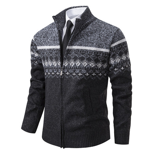 Men's Special Supply Fleece-lined Thick Knit Sweater Winter New Upright Collar Color-blocked Loose Cardigan Sweater Wholesale