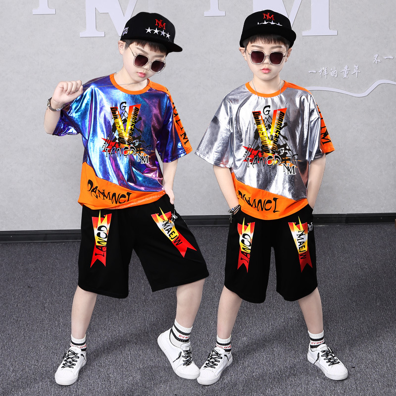 Abiti da spettacolo per la Giornata internazionale dei bambini, pantaloni da uomo a maniche corte color argento caldo, adatti all'hip-hop_voghion.com