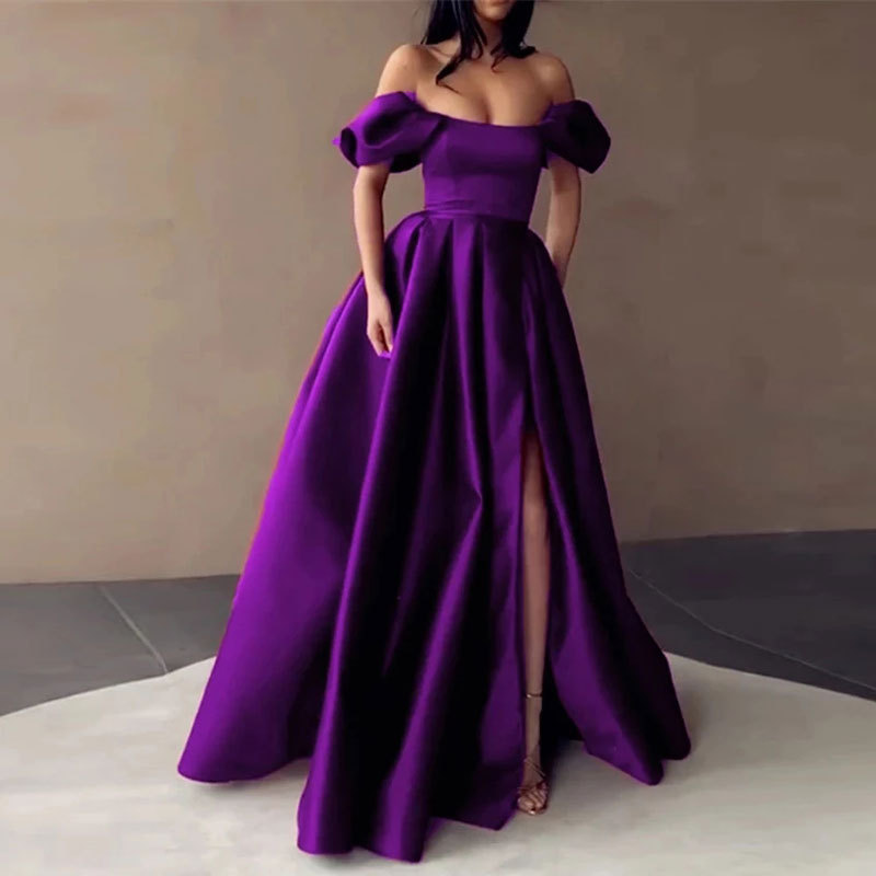 Europeo y americano Amazon AliExpress deseo nuevo vestido de cena de satén de hombro simple elegante adelgazamiento A-Line