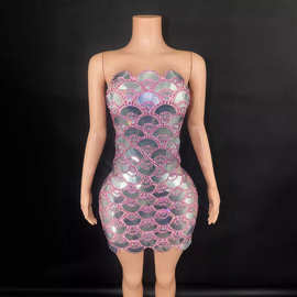 秋季新款圆片亮片露背连衣裙夜场生日交际晚装鸡尾酒派对晚礼服