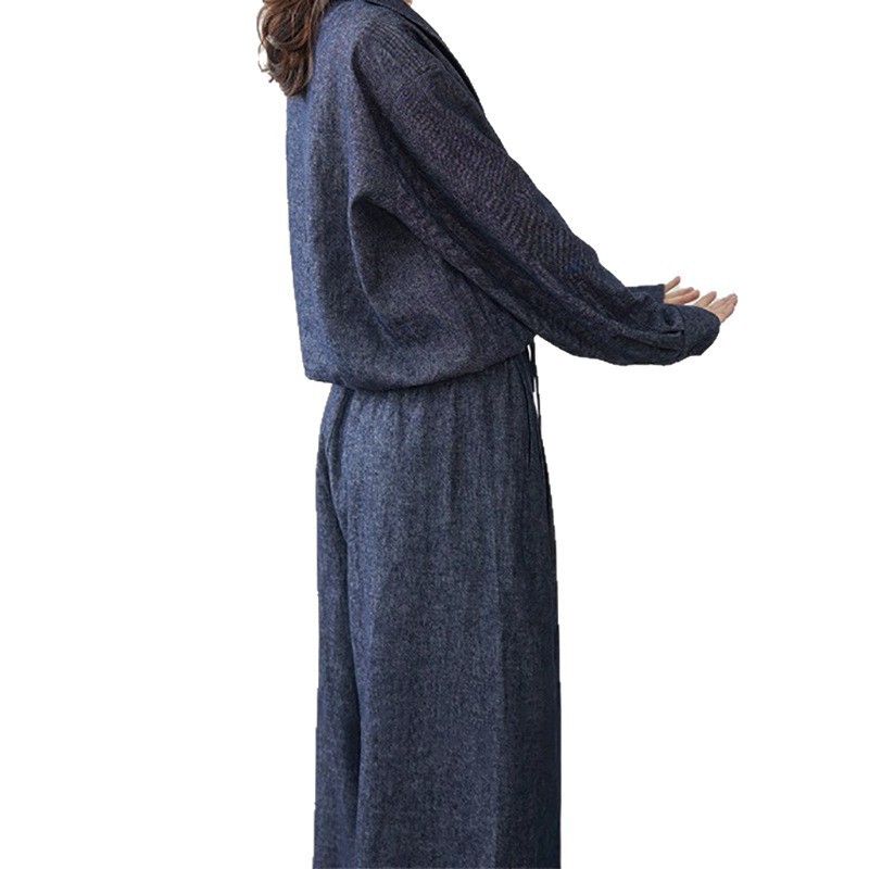 现货厂家批发 新款亚麻棉牛仔套装高ji假两件外套宽松阔腿长裤女|undefined