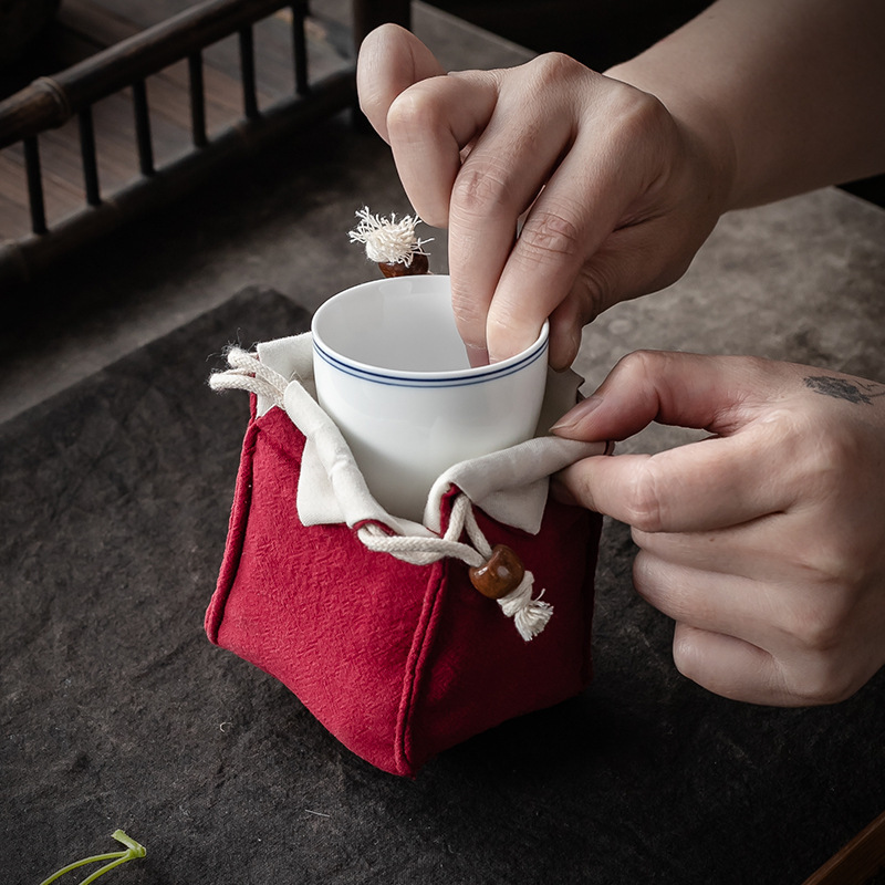 Bolsa de almacenamiento de taza única maestra bolsa de taza maestra taza de té portátil taza de construcción bolsa de tela con cordón de algodón y lino bolsa de tela juego de té