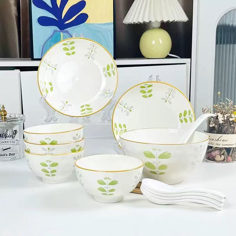 Tazón de arroz de color esmaltado de estilo japonés, juego de vajilla de cerámica fresca pequeña, juego de platos para el hogar, tazón de fideos, plato de verduras, plato de frutas