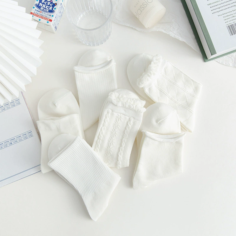 Mid-Length Socks (Tide) — White princess style, universal CN36–43, 6-pattern set