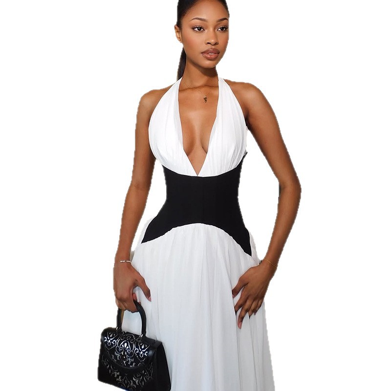 2025 verano nuevo estilo ropa de mujer europea y americana moda contraste color profundo V sexy sin mangas cuello halter cintura gran swing vestido mujer