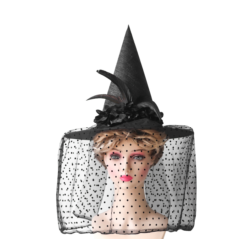 Halloween sombrero de encaje velo agudo sombrero de bruja maquillaje ropa accesorios toque de cabeza vestido gazoo sombrero de brujo