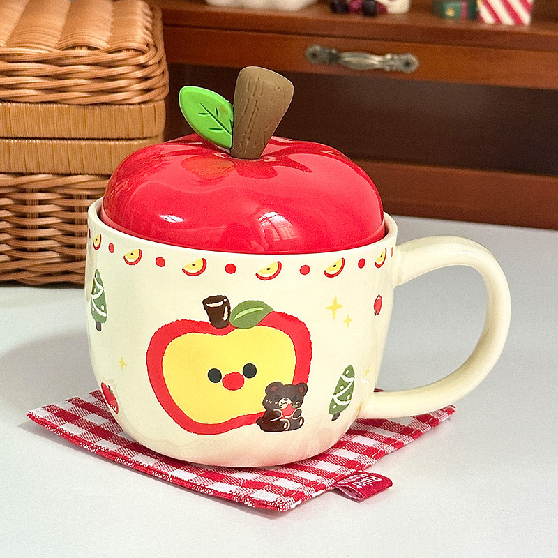 Taza de cerámica de manzana creativa Taza con tapa Regalo de cumpleaños Taza de bebida para niñas Taza retro con regalo festivo