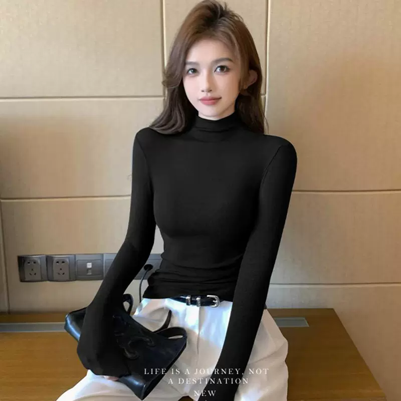 螺纹半高领长袖打底衫女春秋内搭t恤新款修身正肩打底衫针织上衣