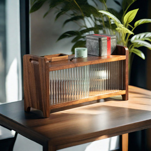 Walnut Desktop Tea Cup Rack Tea Set with Sliding Door Storage Rack Solid Wood Small