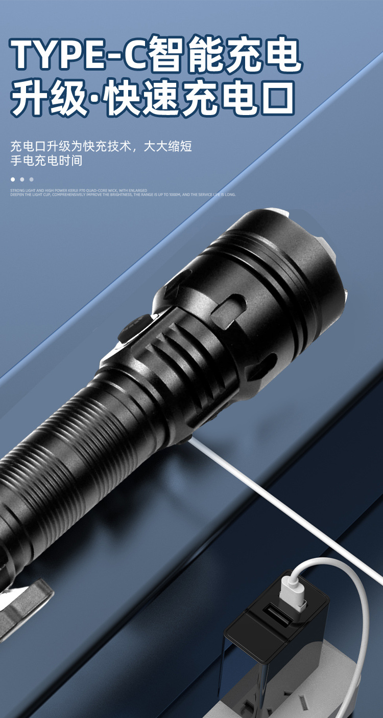 Portable Strong Light Flashlight for Outdoor Camping, Five-Level Adjustable Zoomable USB Flashlight, Aluminum Alloy Strong Light Flashlight