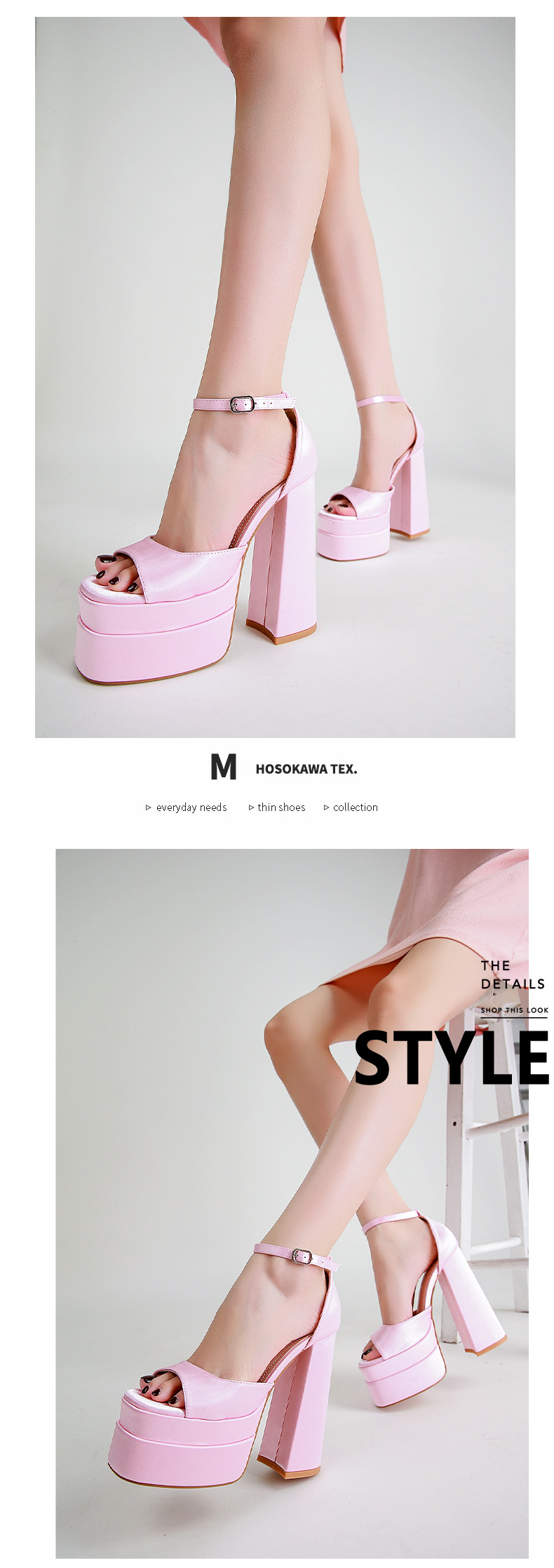 Sandal cao gót nữ mũi vuông rỗng gót vuông satin — Màu đen chi tiết 4