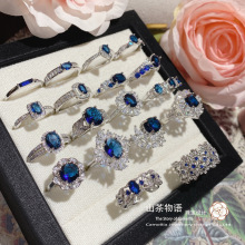 山茶珠宝供应新款蓝刚玉彩宝戒指 法式奢华高级仿天然透辉石指环