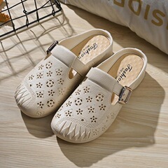 女性用スリッパ、夏用アウターウェア、つま先ハーフスリッパ、女性用夏用新作滑り止めマザーズサンダル、平底ソフトソール下駄