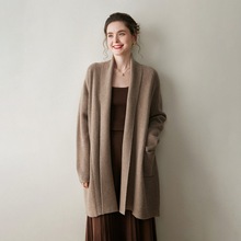 元宝针法式纯色女山羊绒衫中长款开衫外套大翻领慵懒风厚款毛衣
