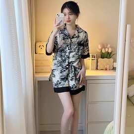 纯欲风水墨画冰丝睡衣女夏季薄款短袖短裤网红高级家居服套装夏天