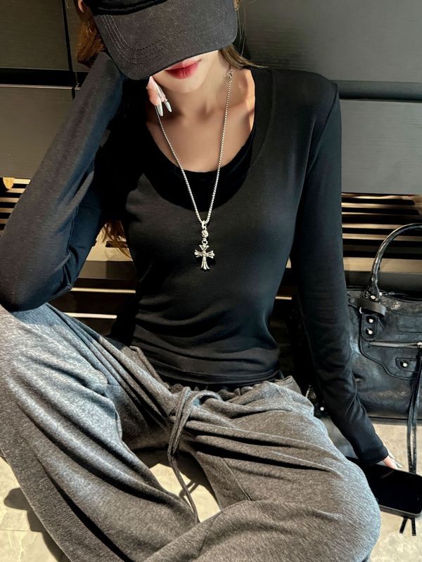 严选U领卷边正肩长袖t恤女式早秋设计感显瘦打底衫可外穿内搭上衣|undefined