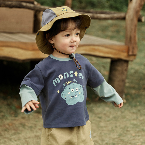 Tongbei 2024 spring children's clothing for boys and girls T-shirt long-sleeved fake two-piece top with Korean style color-blocking bottoming shirt
