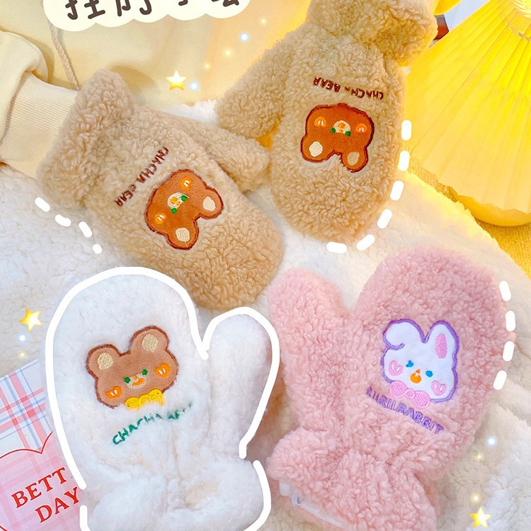 ins羊羔绒手套女冬季可爱毛绒挂脖学生骑行挂脖保暖刺绣小熊手套