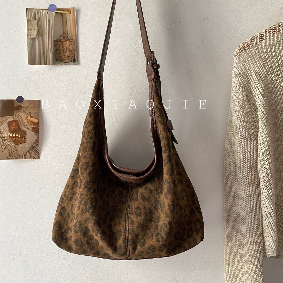 Cross-Border Foreign Trade Casual Velvet Tote Bag Women's Fashion Leopard Print Suede Shoulder Bucket Bag Commuter Crossbody Mother-In-Law Bag