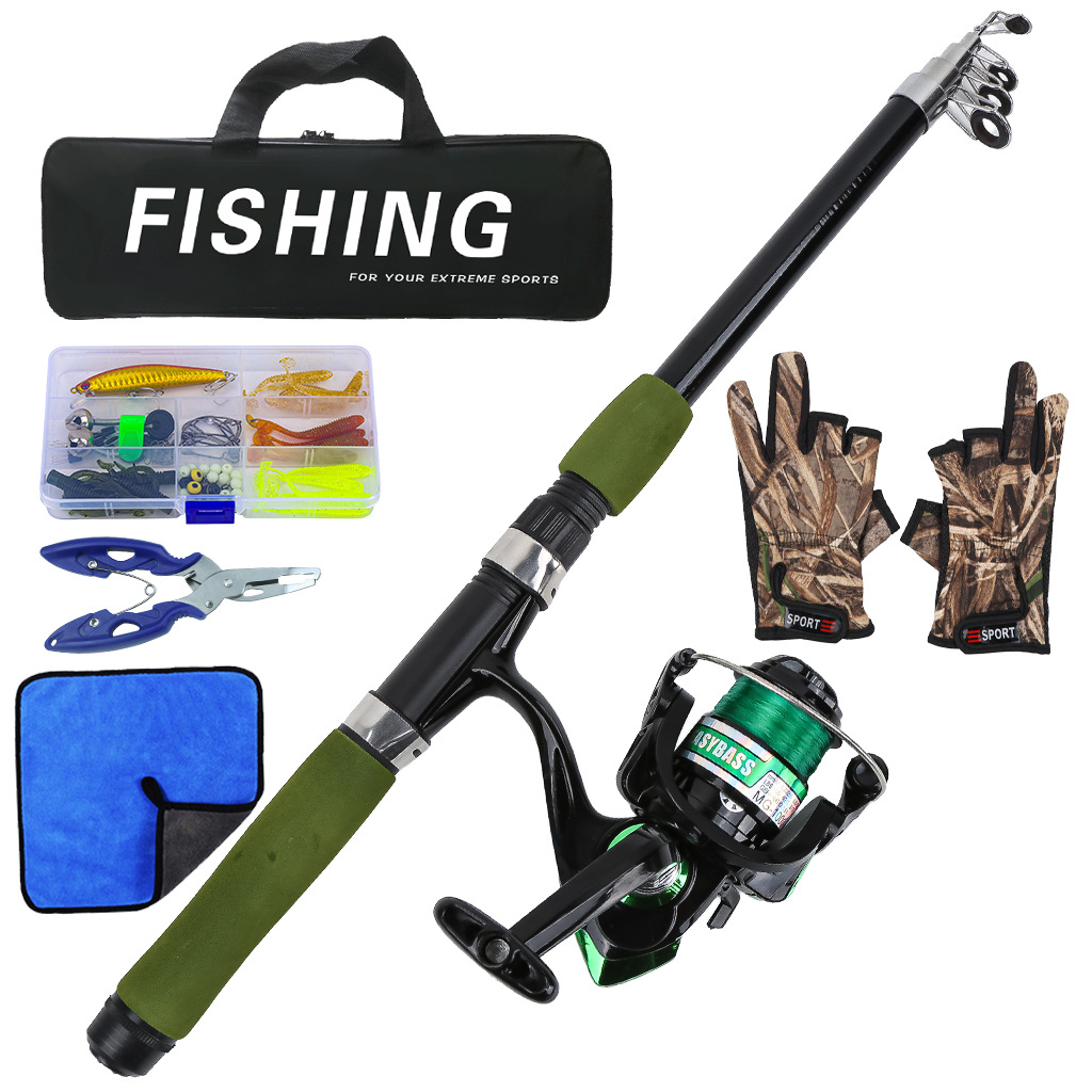 Cross-border green lure rod 1.8M telescopic fishing rod sea rod spinning reel artificial bait gloves beginner's complete fishing gear set