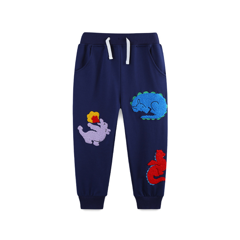 Otoño nuevos pantalones para niños estilo europeo y americano moda pantalones para niños dibujos animados dinosaurio toalla bordada pantalones deportivos para niños image 7