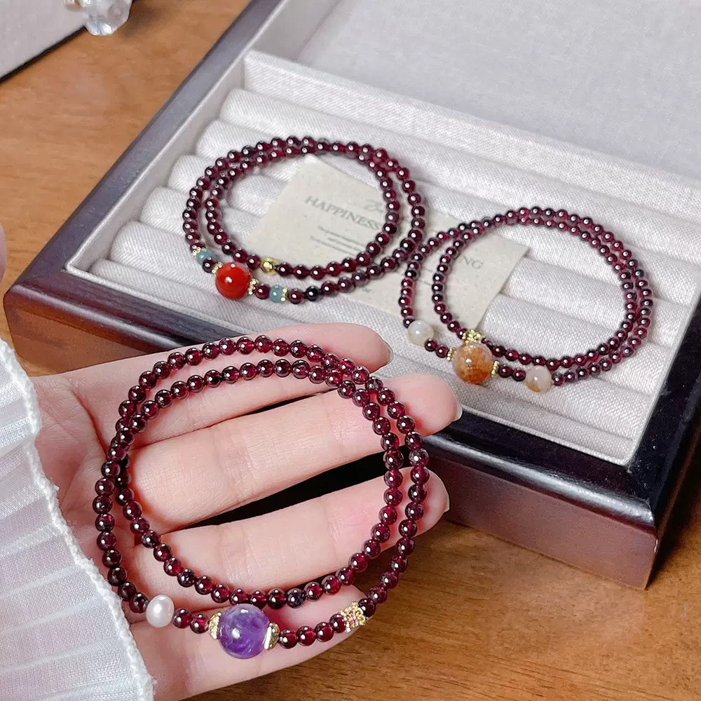 天然石榴石手串女多圈紫晶南红玛瑙黄塔晶淡水珍珠手链简约手饰