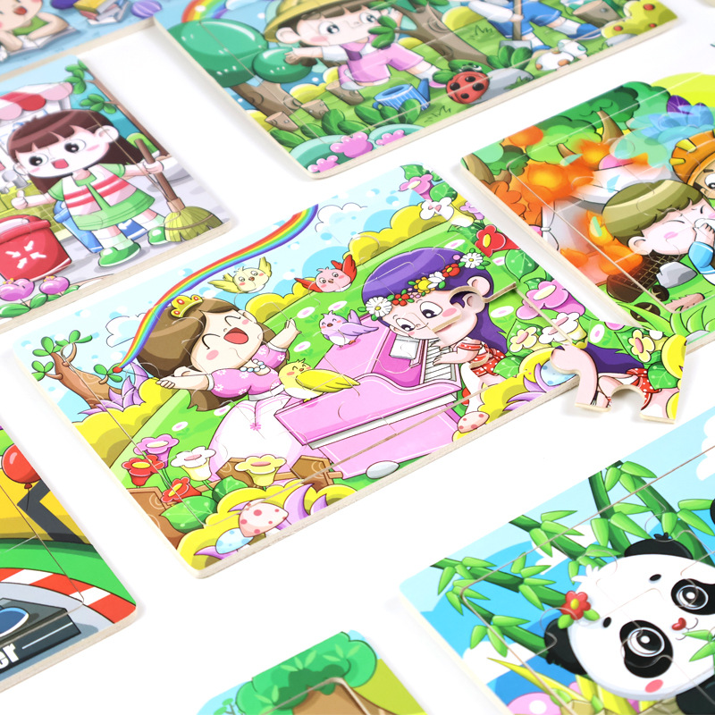 Rompecabezas plano de madera de 12 piezas, juguetes educativos para niños pequeños, rompecabezas de pensamiento lógico cognitivo de animales de dibujos animados de educación temprana