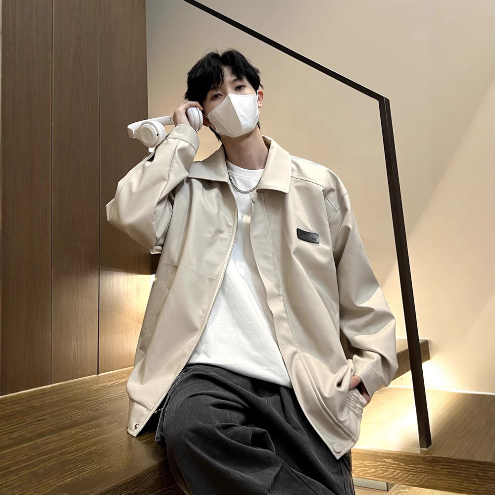 PU Leather Jacket Men's Spring and Autumn New American Style Retro Loose Casual Boys Duffy Shuai Trendy Brand Work Leather Jacket