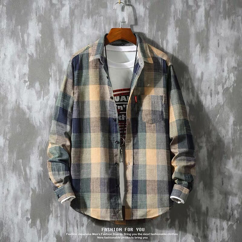 Japanese-Style Plaid Long-Sleeve Shirt for Men, American Retro Vibe, Slim Fit, Fashionable Outfit, Loose Casual Jacket Top Japanese-Style Plaid Long-Sleeve Shirt for Men, American Retro Vibe, Slim Fit, Fashionable Outfit, Loose Casual Jacket Top