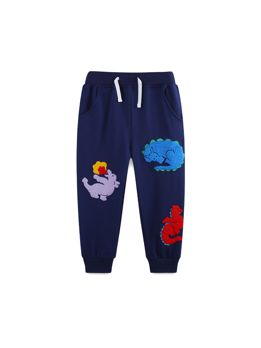 Otoño nuevos pantalones para niños estilo europeo y americano moda pantalones para niños dibujos animados dinosaurio toalla bordada pantalones deportivos para niños image 3