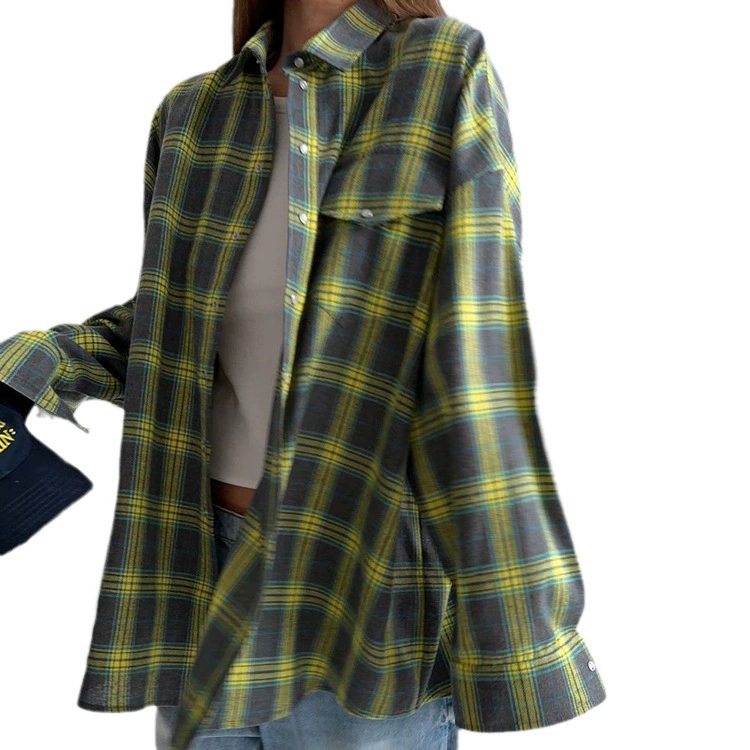 เสื้อแขนยาวฤดูใบไม้ร่วงย้อนยุค ลายตาราง หลายสี ไซส์ S–XL