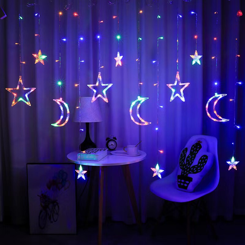 Cross-Border Led Solar Lights Star and Moon Curtain Lights Star Christmas Lights Outdoor Courtyard Holiday Decoration Lights Camping Style Lights