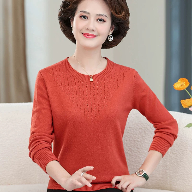 Spring and autumn women's pullover knit sweater, wool T-shirt, round neck, solid color, casual style, suitable for middle-aged and elderly women, and can be worn as an undershirt