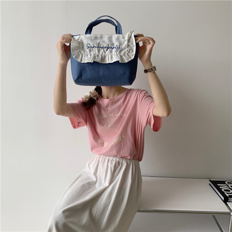 1441 Japanese and Korean chic Sweet ruffled bento Bag, Fresh embroidered hand-held small cloth bag, girl student bag wholesale undefined