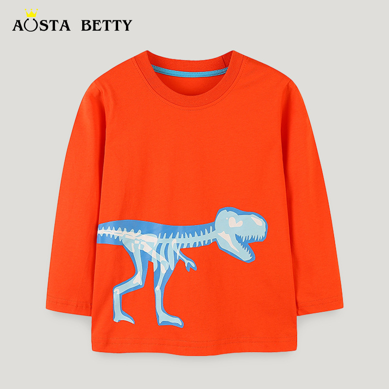 Kids Red Dinosaur Long Sleeve T-Shirt Cotton Autumn