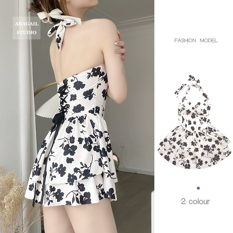 Новинка 2025, цельный купальник, женский черный боксер с маком, угловой консервативный купальник для девочек, бретелька с лямкой на шее, высокая талия, закрывающий живот, горячий источник