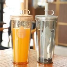 韩国简约双层大容量塑料吸管杯子创意男女士学生透明牛奶果汁水瓶