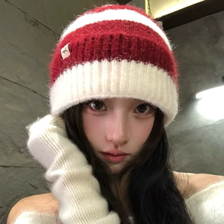 2026新款男女秋冬保暖风布标条纹针织帽毛线拼色百搭简约针织帽女